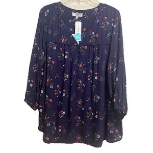 Skies Are Blue Curvy Women's NWT 1X Floral Navy V-Neck Floral 3/4 Sleeve Rayon